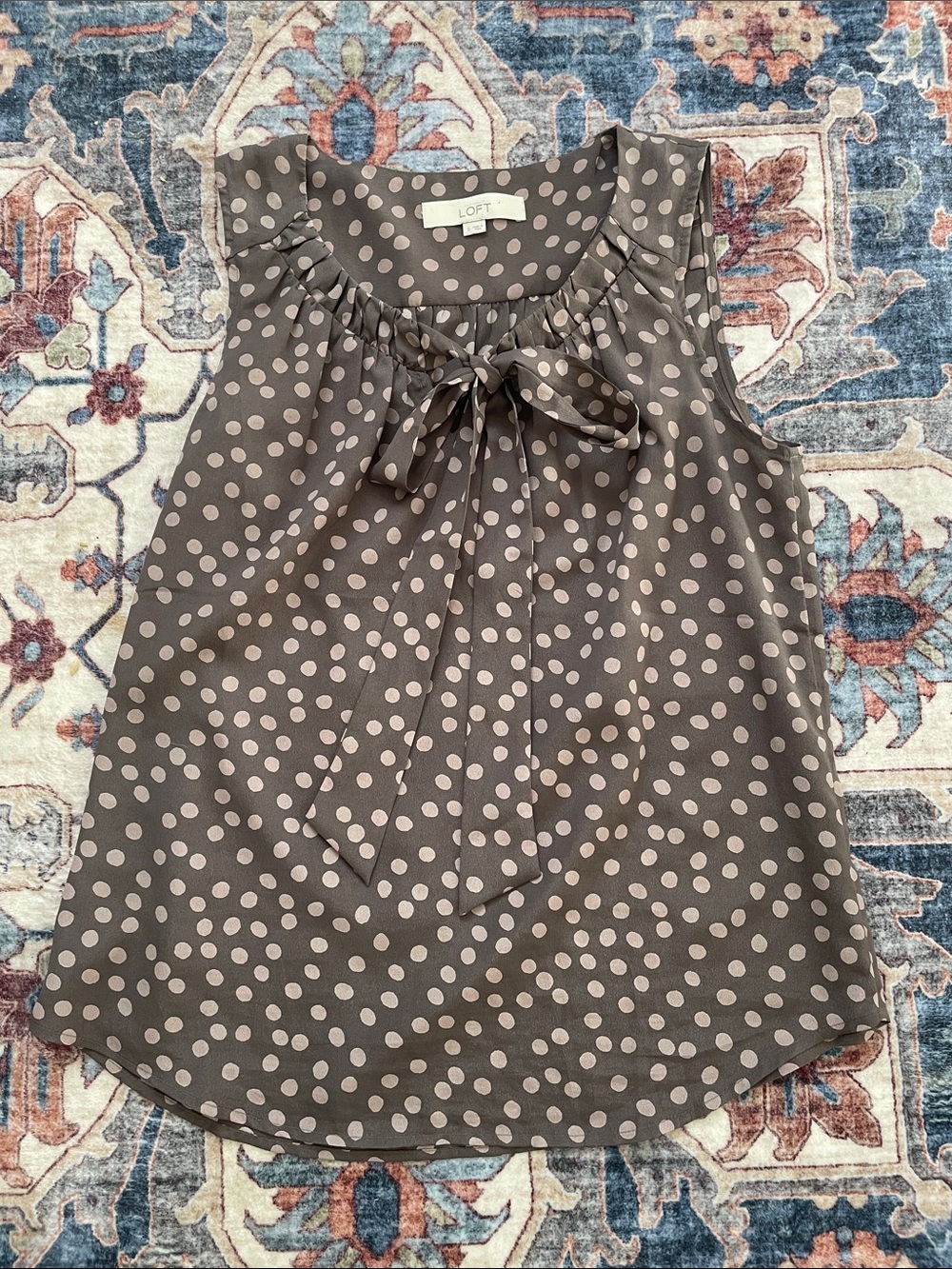 LOFT Gray Polka Dot Tie-Neck Sleeveless Top
